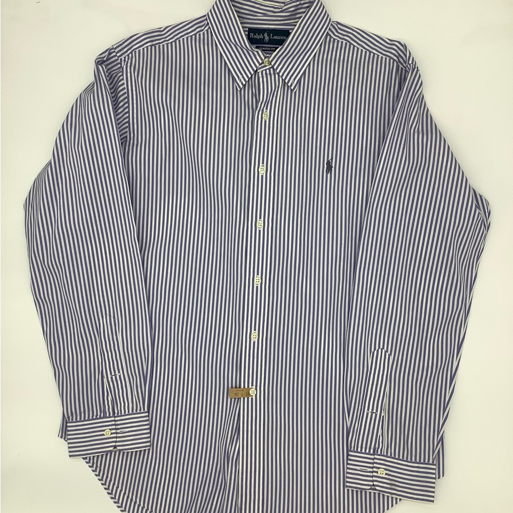 Ralph Lauren Men's Blue and White Striped Dress Shirt